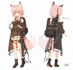 1girl :o absurdres animal_ear_fluff animal_ears black_footwear blush boots breasts brown_jacket brown_shirt commentary_request coreytaiyo dated grey_background gun hair_between_eyes highres jacket long_sleeves low_ponytail multiple_views off_shoulder open_clothes open_jacket original parted_lips pink_hair ponytail puffy_long_sleeves puffy_sleeves purple_eyes rifle scope shirt short_shorts shorts sidelocks signature simple_background sleeveless sleeveless_shirt small_breasts sniper_rifle standing steyr_scout tail turnaround weapon white_shorts x-ray