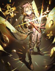 1boy albedo_(genshin_impact) aqua_eyes black_boots black_gloves blonde_hair blue_shirt boots coat from_above full_body genshin_impact gloves glowing highres lens_flare open_hand outstretched_arm rock shadow shirt short_hair sparkle stick tsugutoku vision_(genshin_impact) white_coat