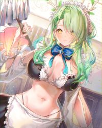 1girl absurdres alternate_costume antlers apron arm_cutout bikini blue_bow blue_bowtie bow bowtie braid braided_bangs branch ceres_fauna detached_collar detached_sleeves earrings flower frilled_bikini frills green_hair groin hair_flower hair_ornament hair_over_one_eye highres hololive hololive_english horns indoors jewelry leaf light_blush light_smile long_hair long_sleeves looking_at_viewer maid maid_bikini maid_headdress modoki_kuma mop nail_polish navel single_braid solo string_bikini swimsuit unconventional_maid virtual_youtuber white_flower wide_hips wide_sleeves yellow_eyes