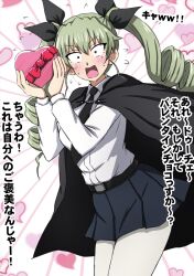 1girl anchovy_(girls_und_panzer) anzio_school_uniform belt black_belt black_cape black_necktie black_ribbon blue_skirt blush box cape commentary cowboy_shot dress_shirt drill_hair emphasis_lines flying_sweatdrops frown gift girls_und_panzer green_hair hair_ribbon heart heart-shaped_box heart_background highres holding holding_gift leaning_forward long_hair long_sleeves looking_at_viewer miniskirt necktie omachi_(slabco) open_mouth pantyhose pleated_skirt ribbon school_uniform shirt skirt solo standing sweatdrop translated twin_drills twintails valentine white_pantyhose white_shirt wing_collar