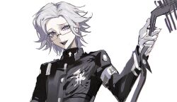 1boy aotsuki_eito armband binxngchng1 gakuran glasses gloves grey_eyes grey_hair highres holding holding_weapon last_defense_academy_school_uniform long_sleeves looking_at_viewer male_focus school_uniform short_hair simple_background sketch smile solo teeth the_hundred_line_-last_defense_academy- upper_body upper_teeth_only weapon white_armband white_background white_gloves