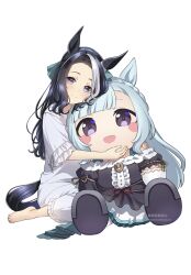 Rule 34 | 1girl, animal ears, barefoot, black hair, blue hair, blush, character doll, commentary request, doqute stuffed doll, full body, highres, horse ears, horse girl, horse tail, light smile, long hair, looking at viewer, matuda (matudayazo), mejiro ardan (umamusume), mejiro ramonu (umamusume), mole, mole under eye, multicolored hair, nightgown, simple background, smile, solo, streaked hair, tail, twitter username, umamusume, watermark, white background, white hair, white nightgown