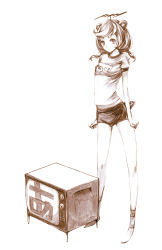 Rule 34 | 1girl, analoguma, brown theme, female focus, highres, japan commercial broadcasters association, monochrome, reika (artist), reika (clovia studio), short shorts, shorts, solo, television, traditional media