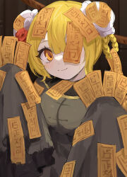 1girl blonde_hair braid braided_hair_rings breasts bun_cover don_quixote_(project_moon) double_bun e.g.o_(project_moon) flower hair_bun hair_flower hair_ornament hair_rings highres limbus_company looking_at_viewer one_eye_covered project_moon red_flower red_sheet_(e.g.o) ro/ku sleeves_past_fingers sleeves_past_wrists smile solo talisman upper_body yellow_eyes