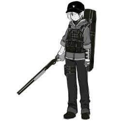 Rule 34 | 1boy, absurdres, bag, baseball cap, closed mouth, copyright request, fingerless gloves, full body, gloves, gun, hair between eyes, hat, highres, holding, holding gun, holding weapon, hood, hood down, hooded jacket, jacket, long sleeves, male focus, monochrome, pants, shenbei xiaoqiu, shoes, shotgun, shotgun shell, simple background, solo, standing, weapon, weapon request, white background