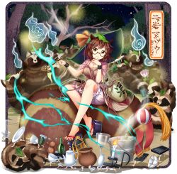 1girl animal_ears black_sandals bloomers bottle breasts brown_dress brown_eyes brown_hair bucket candle cleavage closed_mouth cup dress drinking_glass full_body futatsuiwa_mamizou game_cg glasses gourd green_hat hat highres holding holding_smoking_pipe leaf leaf_on_head looking_at_viewer medium_hair official_art okobo outdoors plate platform_sandals raccoon_ears raccoon_girl raccoon_tail rotte_(1109) sandals semi-rimless_eyewear short_sleeves sitting smile smoking_pipe solo tail tanuki teacup teapot third-party_source tokkuri touhou touhou_lostword translation_request transparent_background tree tsukumogami under-rim_eyewear underwear wine_glass
