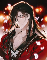 Rule 34 | 1boy, absurdres, beads, bishounen, black background, black hair, braid, bug, butterfly, butterfly necklace, chinese clothes, closed mouth, collarbone, crossed arms, earrings, eyepatch, glowing, glowing butterfly, hair beads, hair ornament, hair over one eye, hair ribbon, hanfu, hanging lantern, highres, hua cheng, insect, jewelry, korean commentary, lantern, light particles, long hair, long sleeves, looking at viewer, male focus, necklace, one eye covered, paper lantern, pectoral cleavage, pectorals, pointy ears, popped collar, red eyes, red hanfu, ribbon, ribbon braid, side braid, silver necklace, single braid, smile, solo, tianguan cifu, upper body, white butterfly, white som