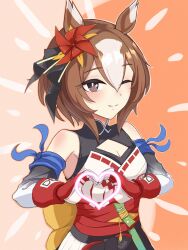 Rule 34 | 1girl, animal ears, bare shoulders, breasts, brown eyes, brown hair, cleavage, cleavage cutout, closed mouth, clothing cutout, detached sleeves, fingerless gloves, gloves, heart, heart hands, highres, horse ears, looking at viewer, multicolored hair, oamu (oam0079), one eye closed, pinwheel hair ornament, red gloves, sash, shirt, short hair, sleeveless, sleeveless shirt, small breasts, smile, solo, streaked hair, turtleneck, umamusume, upper body, yaeno muteki (umamusume)