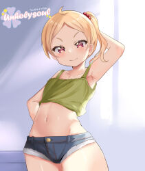 1girl arm_behind_head arm_up armpits artist_name blonde_hair blue_shorts blurry blurry_background blush camisole closed_mouth collarbone cowboy_shot denim denim_shorts dot_nose eyebrows eyelashes female_focus flat_chest green_camisole hand_on_own_hip indoors loli looking_at_viewer midriff navel original pink_eyes ponytail short_hair short_ponytail shorts side_ponytail smug solo standing thighs unholysoul variant_set watermark