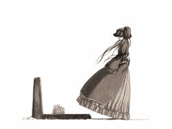 dress flower grave hane_wa_nai_kedo_watashi_wa_toberu_(vocaloid) hatsune_miku long_hair medieval monochrome sepia simple_background solo twintails veil vocaloid watari_taichi