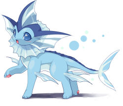 Rule 34 | arm fins, blue eyes, choko (sweetpocket), commentary request, creature, creature focus, fang, full body, gen 1 pokemon, happy, looking to the side, nintendo, no humans, open mouth, pawpads, pokemon, pokemon (creature), shadow, smile, solo, standing, vaporeon, white background