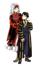 1boy 1girl absurdres amir_halgal black_boots black_hair boots breasts brown_boots brown_eyes closed_mouth doppa dress ear_piercing earrings full_body hand_on_another&#039;s_hand hand_on_another&#039;s_shoulder hazel_eyes highres husband_and_wife jewelry karluk_eihon kazakh_clothes kyrgyz_clothes looking_at_another lower_teeth_only medium_breasts necklace open_mouth otoyomegatari pai_(1026508292) piercing red_dress smile standing teeth tongue uzbek_clothes white_background