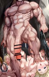 1boy 6+girls abs absurdres bar_censor bdsm black_hair blonde_hair blue_eyes breasts brown_hair censored chain chain_leash closed_eyes collar completely_nude dungeon harem highres huge_penis kissing_penis kneeling kusaka_souji large_breasts leash long_hair lying multiple_girls muscular muscular_male nipples nude on_back original penis red_hair sex_slave slave spiked_collar spikes stepping_on_another&#039;s_breasts submission whip