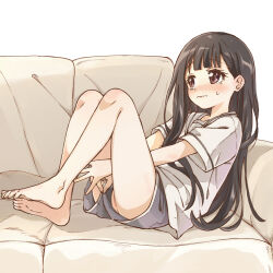 1girl barefoot between_legs black_hair blue_shorts blush brown_eyes closed_mouth clothing_aside commentary_request couch feet from_side fukaku-tei full_body hand_between_legs highres knees_up long_hair make_heroine_ga_oo_sugiru! nukumizu_kaju on_couch pussy pussy_peek sailor_collar shirt short_shorts short_sleeves shorts shorts_aside sitting soles solo thighs toes twitching upshorts v-shaped_eyebrows very_long_hair white_sailor_collar white_shirt