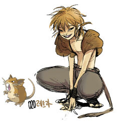 1boy bare_pectorals black_eyes blush brown_hair brown_vest buck_teeth game_freak gen_1_pokemon grey_pants male_focus messy_hair nintendo own_hands_clasped own_hands_together pants pectorals personification pokemon pokemon_(creature) raticate reference_inset short_hair simple_background squatting tamtamdi teeth translated vest white_background