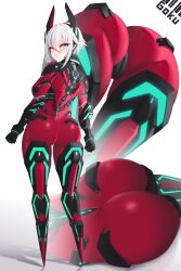 1girl ass bodysuit cyborg highres horns looking_back multiple_views peg_leg red_bodysuit rer_goku solo solo_focus virtual_youtuber vshojo white_hair yellow_eyes zentreya zentreya_(cyborg) zentreya_(cyborg)_(1st_costume)