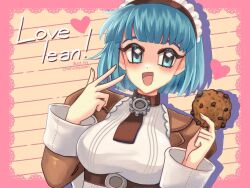 1girl :d alty_(ragnarok_online) apron blue_eyes blue_hair blunt_bangs blush bob_cut border breasts brown_dress brown_necktie chocolate_chip_cookie chorvaqueen commentary cookie dress english_commentary fingernails food frilled_apron frills heart holding holding_cookie holding_food kafra_uniform large_breasts looking_at_viewer maid maid_headdress necktie open_mouth outside_border pink_border ragnarok_online short_hair smile solo upper_body w