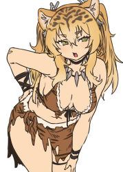 1girl animal_ear_fluff animal_ears animal_print bikini black_choker blonde_hair bone bone_hair_ornament bracelet breasts brown_bikini cavewoman choker cowboy_shot fang fingernails flat_color fur-trimmed_bikini fur_trim furrowed_brow gradient_hair hair_ornament hand_on_own_hip hand_on_own_thigh highres houtengeki jewelry leaning_forward loincloth long_fingernails long_hair looking_to_the_side medium_breasts multicolored_hair necklace open_mouth original pelt print_loincloth short_eyebrows sidelocks sideways_glance simple_background skin_fang solo striped_hair swimsuit tail tiger_ears tiger_girl tiger_girl_(houtengeki) tiger_print tiger_stripes tiger_tail tooth_necklace tribal twintails white_background wristband yellow_eyes