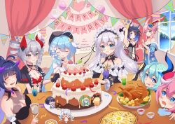 6+girls absurdres ahoge animal_ear_fluff animal_ears babydoll benghuai_xueyuan beret birthday_cake black_babydoll black_dress black_gloves black_jacket blue_hair blue_kimono bra breasts bronya_zaychik cake cat_ears cherry chinese_commentary cleavage cocktail_glass commentary_request cross cup date_a_live day decorations dress drill_hair drink drinking_glass drooling evil_king fake_horns flower food food_in_mouth fox_ears fox_girl fruit gloves grey_hair griseo griseo_(starry_impression) hair_flower hair_ornament happy_birthday hat highres himekawa_yoshino holding holding_cross honkai_(series) honkai_impact_3rd horns indoors jacket japanese_clothes kiana_kaslana kimono large_breasts liliya_olenyeva long_hair medium_breasts medium_hair mouth_drool multiple_girls ocean pink_hair pizza purple_horns raiden_mei red_bra rozaliya_olenyeva seele_vollerei siblings single_horn sisters smile strawberry table theresa_apocalypse turkey_(food) twin_drills twins underwear white_dress white_hair window yae_sakura