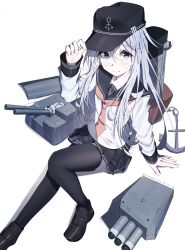 Rule 34 | 1girl, absurdres, adapted turret, anchor, anchor symbol, black hat, black sailor collar, black skirt, black thighhighs, blue eyes, cannon, dfd, flat cap, grey hair, hat, hibiki (kancolle), highres, kantai collection, loafers, long sleeves, looking at viewer, miniskirt, neckerchief, pleated skirt, red neckerchief, rigging, sailor collar, school uniform, serafuku, shoes, sitting, skirt, smile, smokestack, thighhighs