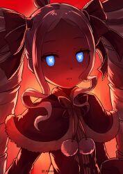 1girl 2025 20s beatrice_(re:zero) blonde_hair blue_eyes bow capelet child crown drill_hair eyelashes fire fur_trim gradient_background hair_bow hair_ornament long_hair looking_at_viewer mini_crown orange_background parted_lips re:zero_kara_hajimeru_isekai_seikatsu s_(hdru2332) solo twin_drills twitter_username upper_body very_long_hair