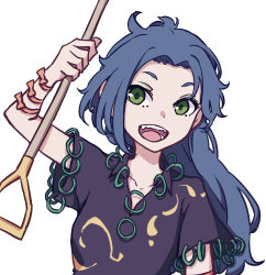 1girl absurdres black_shirt green_eyes grey_hair highres himemushi_momoyo holding holding_shovel jewelry kame_(kamepan44231) long_hair mullet one-hour_drawing_challenge open_mouth ring romper shirt shovel simple_background solo tools touhou white_background