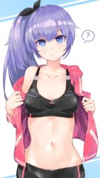 1girl ? bike_shorts black_ribbon blue_eyes breasts collarbone hair_ribbon highres jacket kie_(yospcd) long_hair looking_at_viewer midriff navel ongeki pink_jacket ponytail purple_hair ribbon solo spoken_question_mark sports_bra striped_background takase_rio