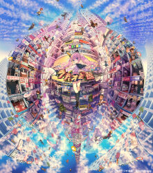 6+boys 6+girls akihabara_(tokyo) bald beanie blonde_hair brand_name_imitation broom broom_riding cloud colorful commentary english_commentary facial_hair fantasy fisheye hat heart heart-shaped_pupils highres john_hathway k-books long_hair looking_at_viewer looking_back mcdonald&#039;s megaphone multiple_boys multiple_girls mustache old old_man outstretched_arms photoshop_(medium) pink_hair ponytail radio_antenna akihabara_radio_kaikan satellite_dish scenery school_uniform serafuku shop short_hair sign sky solo_focus spacesuit stairs store_clerk storefront symbol-shaped_pupils twintails watermark