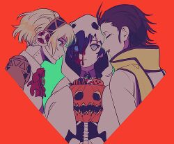 1girl 2boys ^_^ aigis_(persona) black_hair black_necktie blonde_hair blood blood_on_face blue_eyes blue_hair border bow bowtie candy closed_eyes closed_mouth collared_shirt elulit2 expressionless eyes_visible_through_hair food ghost_costume green_background grey_eyes halloween_bucket halloween_costume looking_at_another looking_at_viewer mochizuki_ryouji mole mole_under_eye multiple_boys necktie open_mouth orange_border outside_border persona persona_3 red_bow scarf sheet_ghost shirt short_hair simple_background sleeves_past_fingers sleeves_past_wrists smile upper_body white_shirt wing_collar yellow_scarf yuuki_makoto_(persona_3)