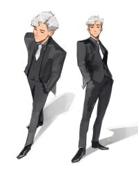Rule 34 | 1boy, black eyes, black skirt, black suit, black vest, chiseled face, collared shirt, contrapposto, curly hair, dress shoes, formal clothes, from behind, hands in pockets, highres, looking at viewer, multiple views, necktie, original, sam yang, shadow, shirt, simple background, skirt, suit, swept bangs, vest, walking, white background, white hair, white necktie