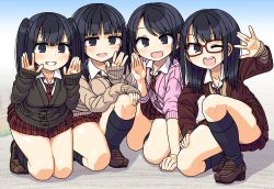 4girls :d black_eyes black_hair black_socks blazer cardigan glasses grin group_picture highres jacket kneehighs kneeling loafers long_hair long_sleeves looking_at_viewer maruput medium_hair multiple_girls necktie on_one_knee open_mouth original plaid_clothes plaid_skirt pleated_skirt red-framed_eyewear school_uniform shoes skirt sleeves_past_wrists smile socks twintails