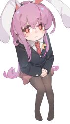 1girl absurdres animal_ears black_jacket black_pantyhose blazer collared_shirt crying crying_with_eyes_open floppy_ears gumingdi_ban highres jacket long_hair long_sleeves looking_at_viewer moon_rabbit necktie no_shoes pantyhose pink_skirt purple_hair rabbit_ears rabbit_girl red_eyes red_necktie reisen_udongein_inaba shirt simple_background sitting skirt solo tears touhou very_long_hair white_background white_shirt