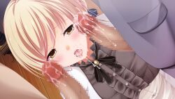 1girl 2boys after_fellatio blonde_hair blush censored cum cum_drool cum_in_mouth game_cg guilty highres mosaic_censoring multiple_boys penis tongue tongue_out toriko_no_(series) toriko_no_kizuna_~ubawareta_gakuen_ni_hibiku_shojo_no_aegi~ wooden_floor yellow_eyes