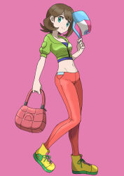 1girl alternate_costume asatsuki_(fgfff) bag blue_hat blue_shirt brown_hair closed_mouth collarbone commentary_request cropped_jacket eyelashes full_body green_eyes green_jacket hat highres jacket midriff navel nintendo pants pink_bag pokemon pokemon_xy serena_(pokemon) shirt shoes short_hair smile solo split_mouth standing yellow_shoes zipper_pull_tab