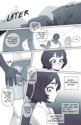 ... 1girl 2boys ahoge antenna_hair blush brazil breasts comic d0ubou english_text faceless faceless_male groping highres hotel_room komi-san_wa_komyushou_desu monochrome multiple_boys osana_najimi_(komi-san_wa_komyushou_desu) rubbing short_hair shorts sweat sweatdrop tan thighs