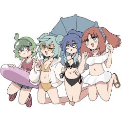 &gt;_o 4girls :&gt; ahoge alternate_costume alternate_hairstyle aqua_hair aqua_pupils arms_at_sides barefoot bikini black_bikini blue_hair blue_umbrella blunt_bangs blunt_ends blush bright_pupils brown-framed_eyewear brown_eyes brown_sandals clenched_hands closed_mouth collarbone collei_(genshin_impact) colored_tips contemporary criss-cross_halter crocs crop_top cropped_shirt denim denim_shorts double_bun faruzan_(genshin_impact) front-tie_bikini_top front-tie_top full_body fur_jacket genshin_impact goggles goggles_on_head green_eyes green_hair groin hair_between_eyes hair_bun hair_ornament hair_scrunchie halterneck hand_up hands_up high_ponytail highres jacket layla_(genshin_impact) long_hair long_sleeves looking_at_another looking_at_viewer looking_up multicolored_hair multiple_girls navel nilou_(genshin_impact) one_eye_closed open_mouth parted_bangs ponytail red_eyes red_hair red_shirt red_slippers red_tank_top rimless_eyewear ringlets round_eyewear sandals sanpaku scrunchie shirt short_hair shorts side-tie_bikini_bottom side_ponytail sidelocks sideways_glance sleeveless sleeveless_shirt slippers smile surodzuki swim_ring swimsuit swimsuit_skirt tank_top tinted_eyewear umbrella v white_background white_bikini white_jacket white_pupils white_sleeves yellow_bikini yellow_eyes