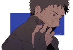 Rule 34 | 1boy, black hair, black shirt, blue background, highres, male focus, naruto (series), naruto shippuuden, ninja, one eye closed, red eyes, scar, sharingan, shirt, short hair, solo, spiked hair, turtleneck, two-tone background, uchiha obito, upper body, white background, zifletts
