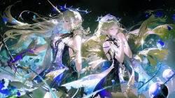 2girls absurdres bare_shoulders black_collar black_dress blonde_hair blue_eyes breasts cartethyia_(wuthering_waves) chinese_commentary closed_eyes closed_mouth collar commentary_request crown_of_thorns dress dual_persona earrings fleurdelys_(wuthering_waves) floating_earrings highres holding holding_sword holding_weapon horns jewelry large_breasts long_hair multiple_girls necklace own_hands_clasped own_hands_together parted_lips pointy_ears ruoganzhao single_horn sword tabard thighs very_long_hair weapon white_tabard wuthering_waves yellow_horns
