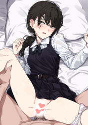 1boy 1girl belt black_hair black_ribbon blank_censor blush brown_belt censored chainsaw_man clothed_female_nude_male clothed_sex clothes_lift commentary commission dress dress_lift fourth_east_high_school_uniform head_on_pillow heart heart_censor hetero kusugi_tai long_hair lying male_pubic_hair mitaka_asa neck_ribbon nude on_back panties panties_around_leg penis pillow pinafore_dress pov pov_crotch pov_hands pubic_hair ribbon school_uniform sex shirt skeb_commission sleeveless sleeveless_dress thighs twintails underwear vaginal white_panties