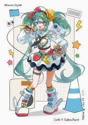 1girl :d amd_aoneko black_necktie boots crop_top cropped_shirt cursor fang folder full_body green_eyes green_hair hair_between_eyes hair_ornament hashtag-only_commentary hatsune_miku headphones heart heart_hair_ornament highres holding holding_microphone kneehighs long_hair long_sleeves looking_at_viewer microphone multicolored_socks necktie open_mouth sailor_collar shirt sidelocks single_wing skirt smile socks solo standing star_(symbol) star_hair_ornament traffic_cone very_long_hair vocaloid white_background white_boots white_sailor_collar white_shirt white_skirt white_wings wings x_hair_ornament