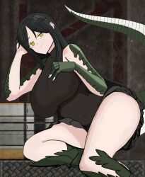 1girl absurdres arm_on_own_head bare_shoulders black_hair blush breasts highres large_breasts lizard_tail long_hair midriff monster_girl reptile_girl reptilia_queen scales scp-682 scp_foundation sidelocks skirt solo tail yellow_eyes