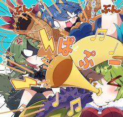 0_0 3girls absurdres arzuros bandaid bandaid_on_knee bandaid_on_leg beamed_eighth_notes biting black_shirt black_shorts black_socks blank_eyes blue_hair character_request chibi closed_mouth commentary_request crop_top deviljho emphasis_lines green_hair highres holding holding_instrument instrument lightning_bolt_symbol milkpanda monster_hunter_(series) multiple_girls musical_note personification quarter_note shaded_face shirt short_eyebrows shorts socks sweat teardrop thick_eyebrows translation_request trumpet v-shaped_eyebrows v-shaped_eyes