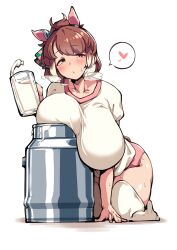 1girl absurdres ahoge all_fours animal_ears blush bow breast_rest breasts breath brown_hair buruma checkered_ribbon dantsu_flame_(umamusume) ear_ribbon gigantic_breasts grey_hair gym_shirt gym_uniform heart highres horse_ears horse_girl horse_tail milk milk_churn multicolored_hair no_shoes pink_buruma ponytail request_inset shirt solo spoken_heart streaked_hair sweat t-shirt tail tankard thighhighs tracen_training_uniform umamusume white_shirt white_thighhighs yellow_eyes yuki_usagi_(agtd5758)