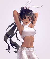 1girl :d animal_ears armpits arms_behind_head arms_up black_eyes black_hair breasts cowboy_shot crop_top dark-skinned_female dark_skin earrings fymrie jewelry large_breasts long_hair looking_at_viewer midriff navel open_mouth original pants ponytail rabbit_ears shirt sleeveless sleeveless_shirt smile solo standing stomach stud_earrings very_long_hair white_pants white_shirt
