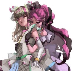 2girls bare_arms bare_shoulders black_choker black_gloves black_hair blonde_hair blunt_bangs bracelet braid choker cure_kiss cure_zukyuun curly_hair curly_sidelocks dress earrings elbow_gloves fluffy_clothes fortissimo frilled_dress frilled_ribbon frilled_skirt frilled_sleeves frills from_side gingham_dress gloves gradient_hair green_hair hair_extensions hair_ornament hair_wings half_gloves hands_on_another&#039;s_shoulders hands_on_another&#039;s_waist highres hug hug_from_behind jewelry kimi_to_idol_precure long_hair looking_at_another looking_back looking_down looking_to_the_side mature_female multicolored_hair multiple_earrings multiple_girls musical_note musical_note_hair_ornament omochi_011011 parted_bangs pearl_earrings pink_hair precure puffy_short_sleeves puffy_sleeves purple_eyes red_eyes ribbon sad short_sleeves single_elbow_glove skirt sleeveless turning_head twin_braids twintails very_long_hair wing_hair_ornament worried wrist_cuffs