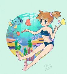 1girl asymmetrical_hair belly bikini blue_eyes blue_shirt blush bo9_(bo9_nc) breasts cowboy_shot creatures_(company) feet game_freak gen_1_pokemon gen_3_pokemon gym_leader horsea legs luvdisc misty_(pokemon) navel nintendo orange_hair pokemon pokemon_(creature) pokemon_rgby ponytail red_hair shirt short_hair side_ponytail solo staryu swimsuit toes water