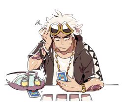 Rule 34 | 1boy, bracelet, card, chain, chain necklace, eyewear on head, gen 7 pokemon, guzma (pokemon), holding, holding card, jacket, jewelry, male focus, necklace, nintendo, playing card, playing games, pokemon, pokemon (creature), pokemon sm, shirt, short hair, short sleeves, ssalbulre, sunglasses, watch, white hair, white shirt, wimpod, wristwatch, yellow-framed eyewear