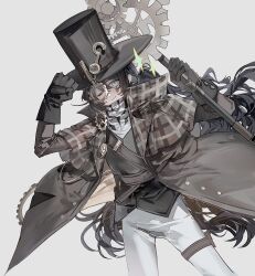 1boy belt black_gloves black_hair blue_eyes bochishiraita double-parted_bangs gears gloves hair_between_eyes hair_flowing_over hat high_collar highres holding holding_weapon hong_lu_(project_moon) large_hands limbus_company long_hair monocle one_eye_closed pants plaid_clothes pocket_watch project_moon solo top_hat unbuttoned unconventional_weapon very_long_hair watch weapon white_pants yurodiviye_(identity)_(project_moon)
