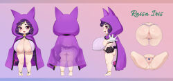 1girl :d a-pose absurdres ahoge animal_bag animal_ears anklet anus areola_slip arm_up arms_at_sides ass backboob bag barefoot bell black_handbag bob_cut bow braid braided_ponytail breasts cape cat_bag cat_ears cat_girl cat_tail character_name character_profile cleavage cleavage_cutout cloak clothing_cutout covered_erect_nipples cropped_shirt curly_hair ears english_text eyelashes fang food-themed_hair_ornament frilled_skirt frills from_behind from_side fruit_hair_ornament full_body gloves gluteal_fold gradient_background green_eyes green_hair green_pupils groin hair_ornament hairband hairpin handbag heart heart_hair_ornament highres hikimayu hood hood_up huge_breasts jewelry large_areolae large_nipples loli long_hair looking_at_viewer mage maroon_eyes microskirt midriff multicolored_eyes multicolored_hair multiple_views navel nekomata nipple_slip nipples no_bra open_mouth oppai_loli original outstretched_arm parted_bangs pigeon-toed pink_background pink_shirt pink_skirt pleated_skirt purple_background purple_cape purple_cloak purple_hair pussy red_pupils reference_sheet revealing_clothes shiny_skin shirt simple_background single_braid skin_fang skirt sleeveless sleeveless_shirt slit_pupils smile spread_legs standing star_(symbol) star_hair_ornament sticker_on_hair sweat tail tail_bell tail_bow tail_ornament thick_eyebrows thigh_gap turnaround two-tone_eyes two-tone_hair uncensored underbutt wavy_hair white_gloves wide_hips yuu_(yuubakunyu) yuuchibichichi