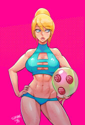 1girl abs artist_name bigdumsirk bikini blonde_hair blue_bikini blue_eyes breasts cleavage cleavage_cutout clothing_cutout commentary cowboy_shot dated english_commentary hair_between_eyes hand_on_own_hip large_breasts looking_to_the_side metroid metroid_(creature) mole mole_under_mouth nintendo parted_lips pink_background ponytail samus_aran swimsuit teeth wet